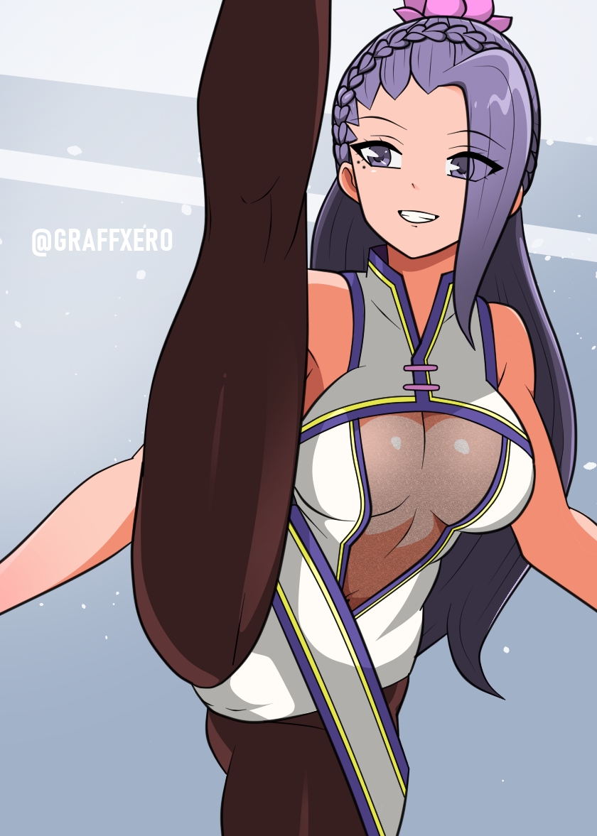 1girl bodysuit braid breasts cameltoe cleavage_cutout clothing_cutout dress female_focus flexible flower graffxero gymnastics hair_flower hair_ornament large_breasts leg_up long_hair lotus luong no_bra nuevaera pale_skin pantyhose see-through_clothes smile smiley_face the_king_of_fighters thighs