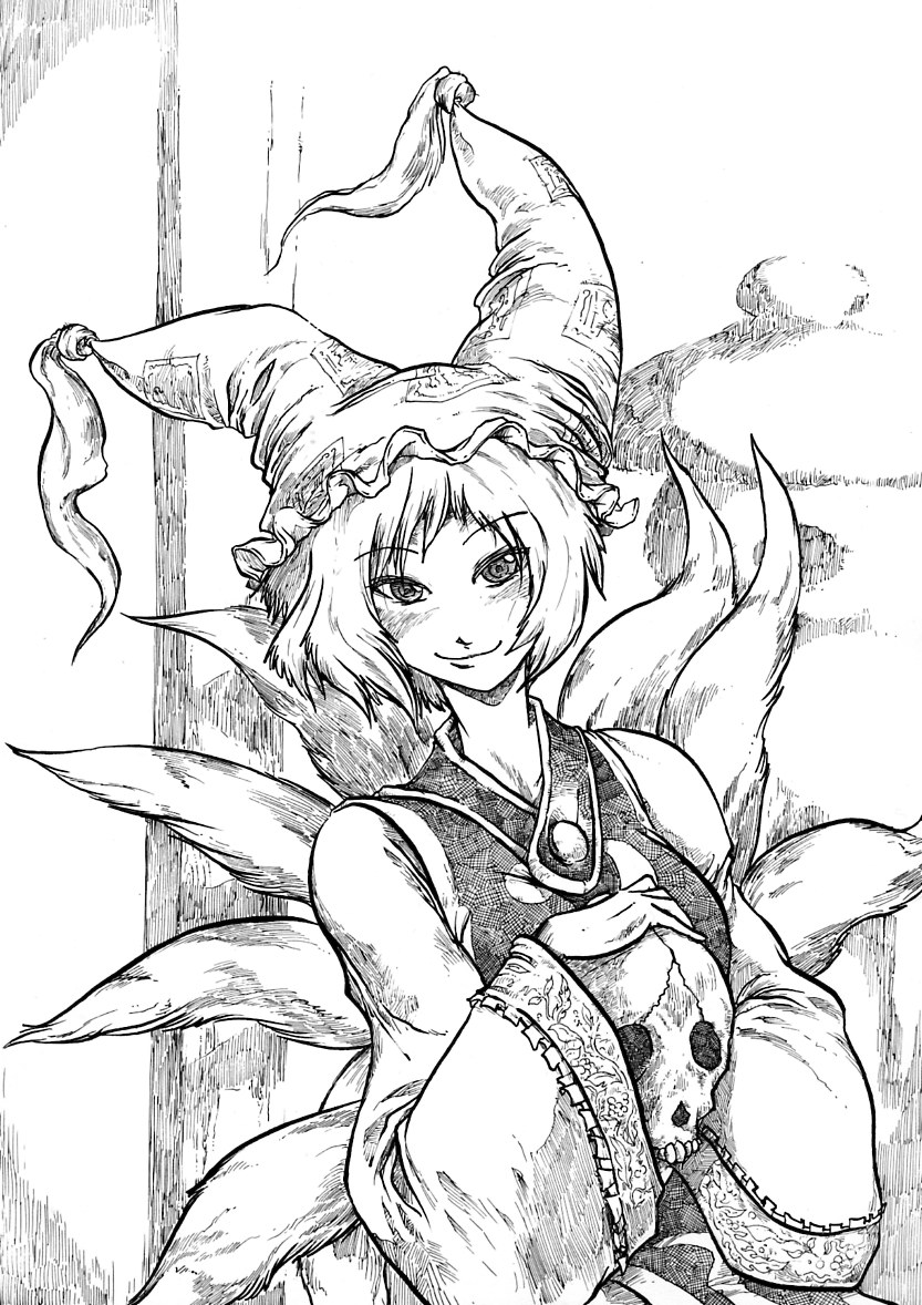 1girl female_focus greyscale hat monochrome multiple_tails nib_pen_(medium) pandemonium pen_(medium) skull smile solo tail touhou traditional_media yakumo_ran