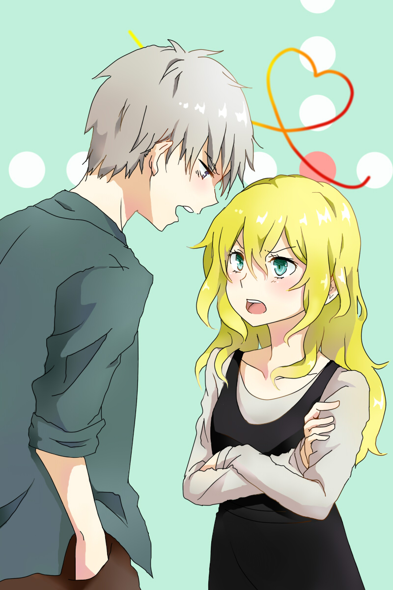 1boy 1girl annoyed blonde_hair blue_eyes blue_shirt heart highres long_hair looking_at_another maaki mermaid_swamp ningyo_numa open_mouth shirt short_hair sidelocks silver_hair source_request wakasugi_seitaro yamazaki_rin