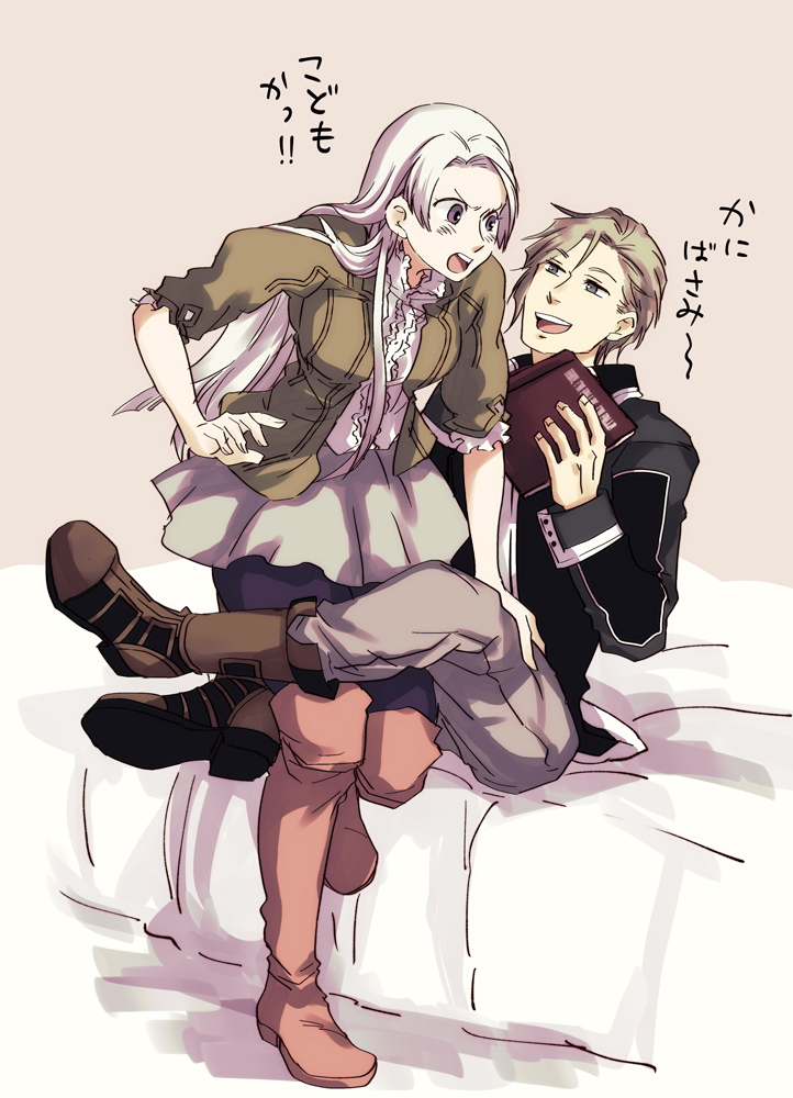 1boy 1girl bed boots breasts brown_hair chris_lightfellow commentary_request gensou_suikoden gensou_suikoden_iii grey_skirt jacket long_hair nash_latkje pantyhose ruruo_(p76) scarf silver_hair skirt