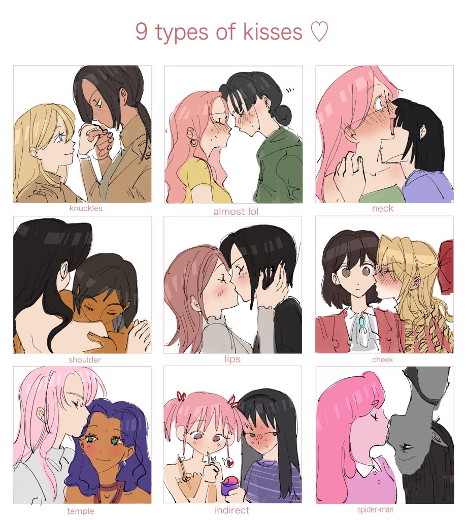 6+girls adventure_time akemi_homura alien_stage asami_sato ascot avatar_legends bare_shoulders black_hair blonde_hair blue_eyes blush bow brown_eyes brown_hair brown_jacket claire_francois closed_eyes colored_skin commentary dark-skinned_female dark_skin drill_hair earrings english_commentary english_text forehead_jewel freckles glasses green_hoodie grey_shirt grey_skin hair_bow hair_bun heart himemiya_anthy holding_hands hood hoodie imminent_kiss indirect_kiss jacket jewelry kaname_madoka kininatteru_hito_ga_otoko_ja_nakatta kiss kiss_chart kissing_cheek kissing_forehead kissing_hand kissing_neck kissing_shoulder koga_mitsuki komatsu_nana korra krista_lenz long_hair long_sleeves mahou_shoujo_madoka_magica mahou_shoujo_madoka_magica_(anime) marceline_abadeer mizi_(alien_stage) multiple_drawing_challenge multiple_girls nana_(series) nervous_sweating nude oosawa_aya osaki_nana paradis_military_uniform pink_eyes pink_hair pink_shirt pointy_ears ponytail princess_bonnibel_bubblegum purple_eyes purple_hair purple_shirt rae_taylor red_bow red_jacket shingeki_no_kyojin shirt short_hair short_sleeves shoujo_kakumei_utena simple_background smile spoken_heart sua_(alien_stage) sweat tenjou_utena the_legend_of_korra twintails upside-down_kiss vampire watashi_no_oshi_wa_akuyaku_reijou white_ascot white_background white_shirt y4ntaoist yellow_shirt ymir_(shingeki_no_kyojin) yuri