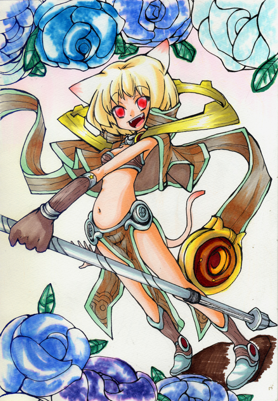 1girl 2000s_(style) :d animal_ears asuka_(aqua_space) bikini bikini_top_only blonde_hair blue_flower blue_rose boots breasts brown_bikini brown_boots brown_capelet brown_gloves brown_skirt capelet cat_ears cat_girl cat_tail colorized commentary_request flower full_body gloves holding holding_staff looking_at_viewer open_mouth pelvic_curtain ragnarok_online red_eyes rose sage_(ragnarok_online) short_hair simple_background skirt small_breasts smile solo staff standing striped_capelet swimsuit tail white_background