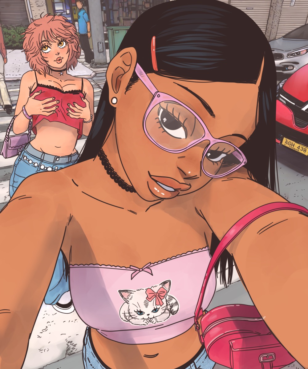 2girls black_hair blue_pants breasts dark-skinned_female dark_skin day glasses grabbing_own_breast highres jesus_aponza long_hair looking_at_viewer midriff multiple_girls navel original outdoors pants pink-framed_eyewear pink_bag pink_hair pink_shirt red_shirt rosa_(jesus_aponza) selfie shirt sol_(jesus_aponza) strapless strapless_shirt