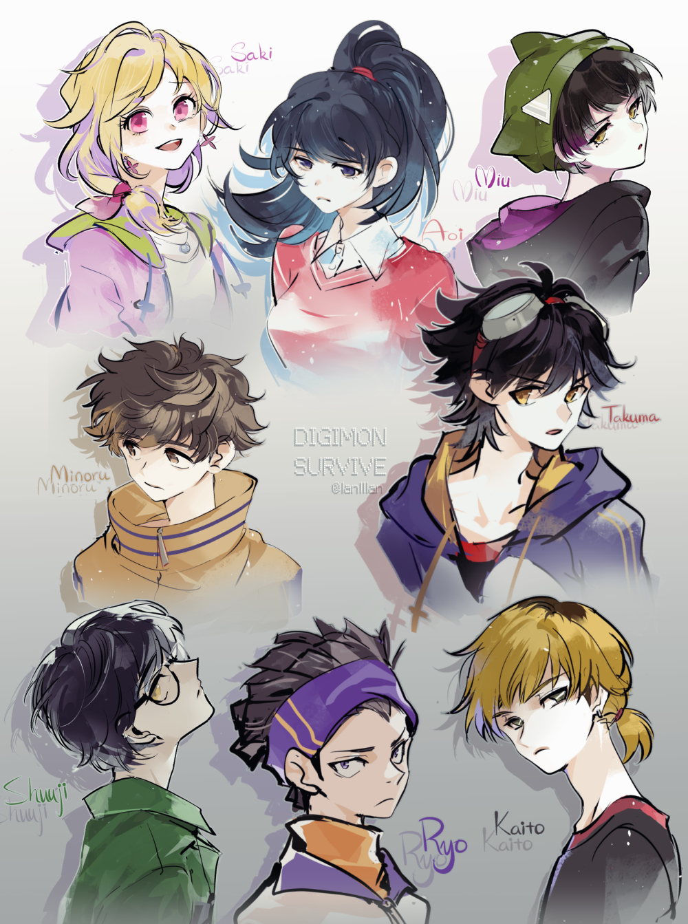 3girls 5boys digimon digimon_survive glasses highres hinata_minoru kayama_shuuji kimishima_saki momotsuka_takuma multiple_boys multiple_girls shibuya_aoi shinonome_kaito shinonome_miu tominaga_ryo