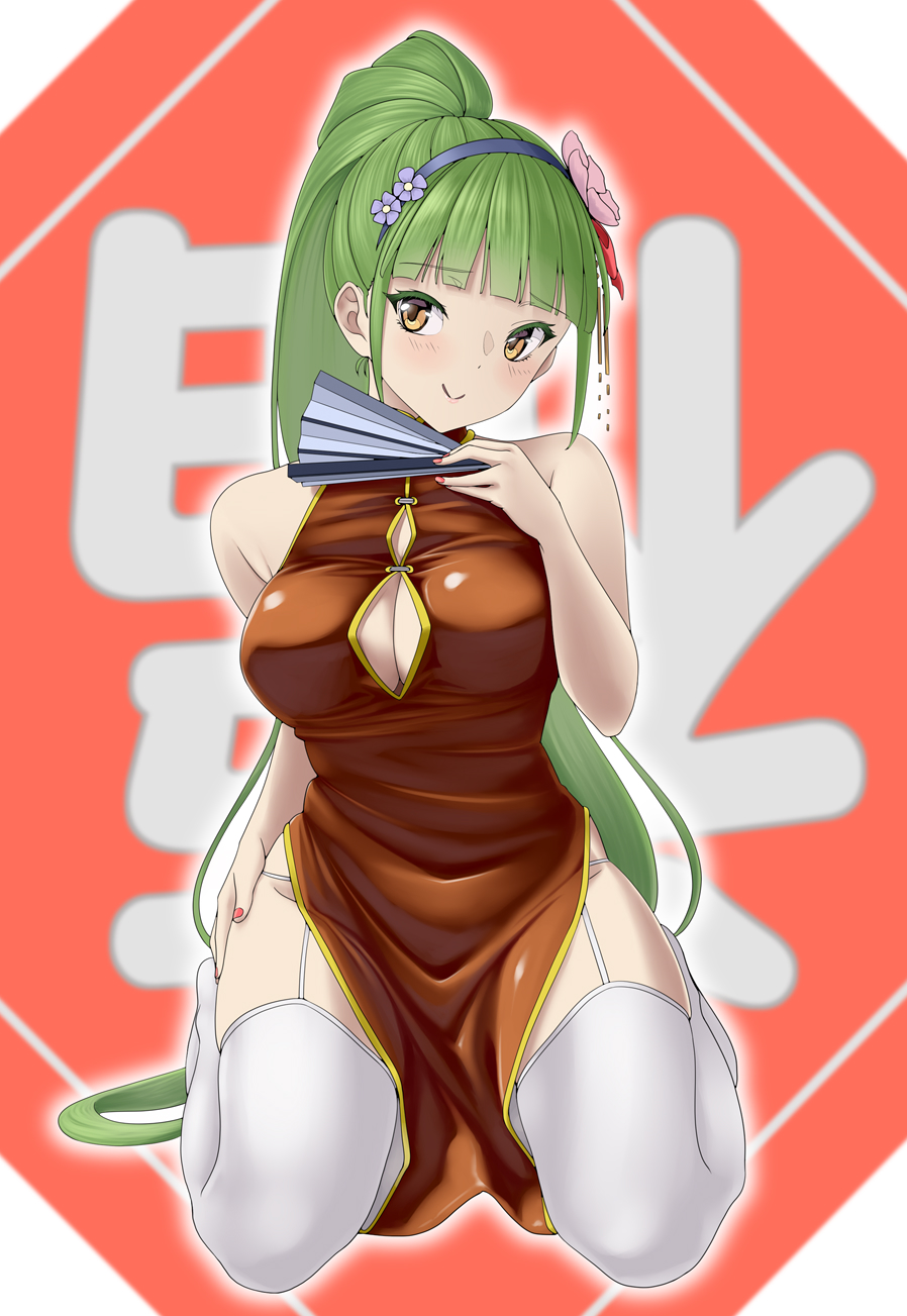 azur_lane bare_shoulders blunt_bangs blush breasts cleavage cleavage_cutout clothing_cutout danbora flower folding_fan garter_straps green_hair hair_flower hair_ornament hand_fan headband highres hime_cut holding holding_fan long_hair nail_polish ponytail shropshire_(azur_lane) solo thighhighs thighs very_long_hair yellow_eyes