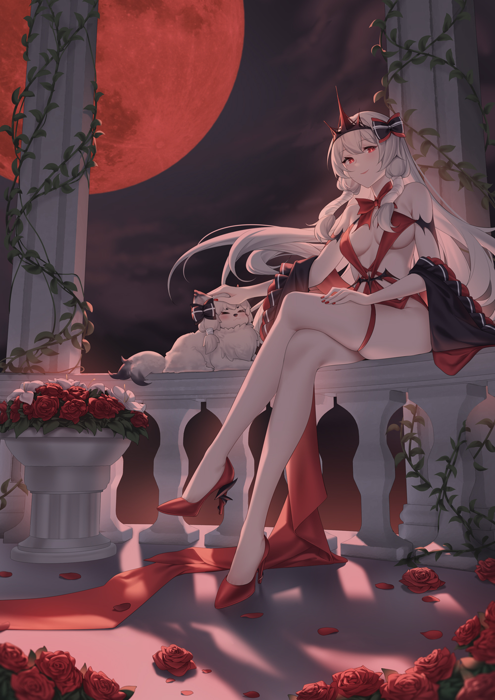 1girl animal bare_shoulders bow breasts cartonbox_(zhixiang_zhi) chaser_(warship_girls_r) crossed_legs crown dress flower hair_bow high_heels highres long_hair looking_at_viewer medium_breasts moon night night_sky on_railing petals petting pillar plant pumps railing red_bow red_dress red_eyes red_flower red_footwear red_moon red_rose rose rose_petals sitting sky stiletto_heels thigh_strap thighs vines warship_girls_r white_hair