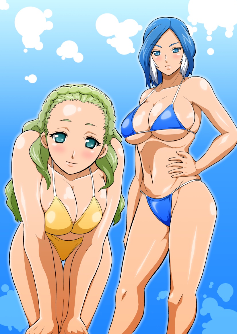 2girls bare_shoulders bent_over bikini bikini_bottom_only blue_bikini blue_eyes blush braid breasts breasts_squeezed_together facing_viewer female_focus gradient_background green_hair groin guel hair_over_shoulder hand_on_own_hip hands_on_own_thighs hip_focus huge_breasts inazuma_eleven inazuma_eleven_(series) leaning_forward legs light_blush light_smile long_hair looking_at_viewer multicolored_hair multiple_girls navel serious short_hair simple_background smile standing swimsuit thigh_gap thighs two-tone_hair urubida yagami_reina yellow_bikini