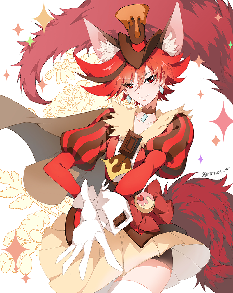 10s 1girl animal_ears bike_shorts boots brown_cape brown_hair brown_neckwear candy cape chocolate chocolate_bar choker cure_chocolat dog_ears dog_tail earrings extra_ears eyebrows eyelashes female_focus floral_background flower food food-themed_hair_ornament fur_trim gloves hair_ornament hair_over_one_eye happy hat jewelry juliet_sleeves kenjou_akira kirakira_precure_a_la_mode long_sleeves looking_at_viewer magical_girl multicolored_hair muse_(rainforest) precure puffy_sleeves red_boots red_eyes red_hair ribbon short_hair shorts shorts_under_skirt signature skirt smile solo spiked_hair streaked_hair tail thighhighs thighs top_hat white_background white_gloves white_thighhighs