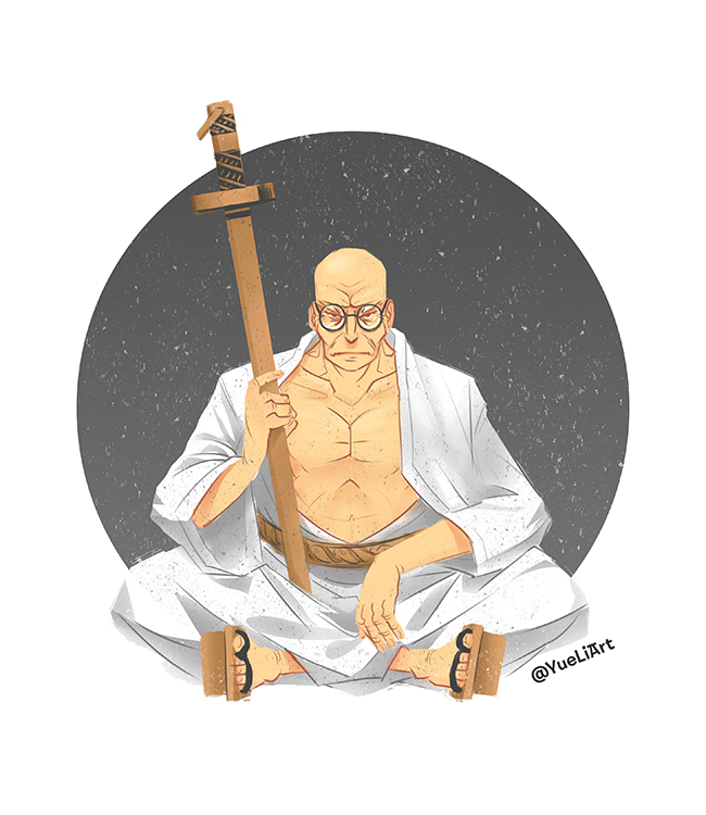 1boy artist_name bald closed_mouth commentary english_commentary ethan-baron_v._nusjuro full_body glasses holding holding_sword holding_weapon indian_style japanese_clothes katana kimono looking_at_viewer male_focus one_piece round_eyewear sandals sitting solo sword twitter_username weapon white_kimono yueliart