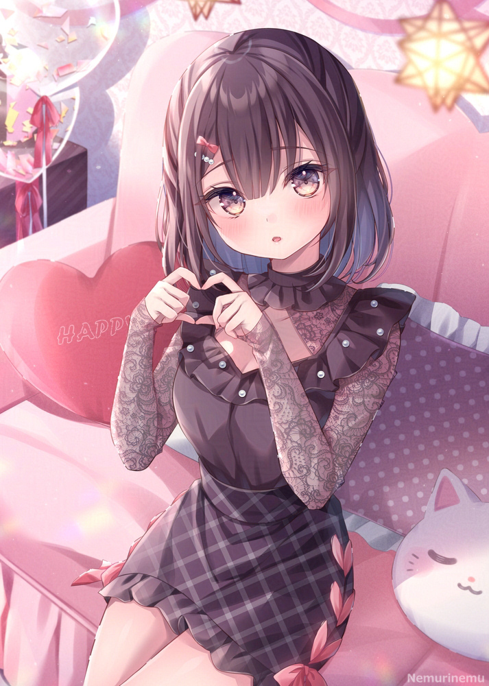 1girl black_shirt black_skirt blue_hair blush breasts brown_eyes brown_hair cleavage commentary_request couch frilled_pillow frilled_skirt frills hands_up heart heart-shaped_pillow heart_hands looking_at_viewer medium_breasts multicolored_hair nemuri_nemu on_couch original parted_lips pillow polka_dot_pillow shirt skirt solo two-tone_hair