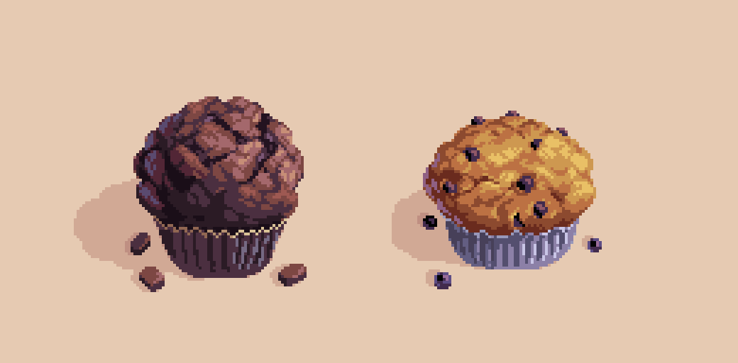 chocolate chocolate_chip dessert food food_focus muffin no_humans original pixel_art scilex shadow simple_background yellow_background