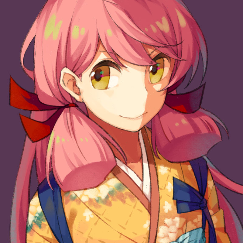 10s 1girl akashi_(kancolle) akashi_(new_year)_(kancolle) female_focus floral_print hair_ribbon japanese_clothes kantai_collection kimono long_hair looking_at_viewer nashi_(tidal0414) pink_hair purple_background ribbon simple_background solo tasuki tress_ribbon upper_body yellow_eyes yellow_kimono