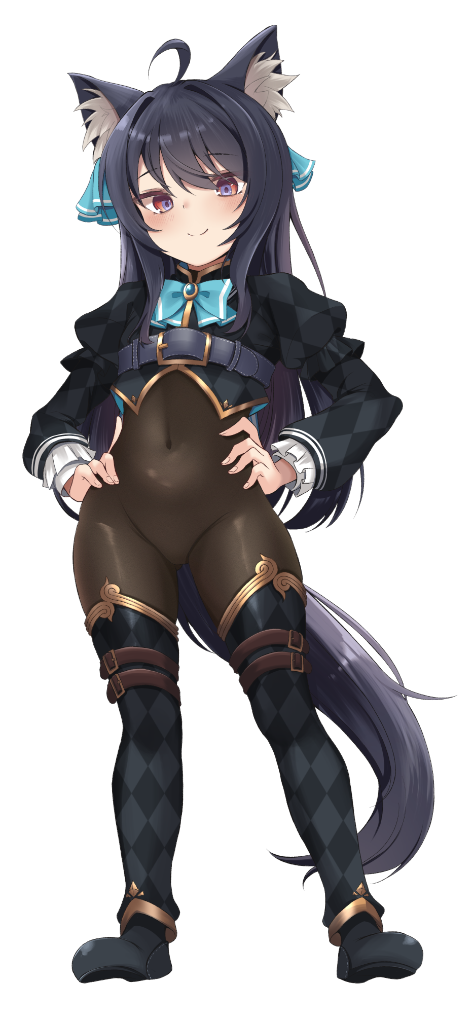 1girl ahoge animal_ear_fluff animal_ears aqua_bow aqua_bowtie argyle_clothes arm_belt belt black_bodysuit black_hair black_jacket black_shoes black_thighhighs blue_bow blue_bowtie blue_ribbon blush bodystocking bodysuit boots borrowed_character bow bowtie buckle cat_ears cat_girl cat_tail chest_belt closed_mouth covered_navel cropped_jacket doyachii frilled_sleeves frills full_body gluteal_fold gradient_eyes groin hair_ribbon hands_on_own_hips highres jacket juliet_sleeves leg_belt long_hair long_sleeves looking_at_viewer multicolored_eyes puffy_sleeves purple_eyes ribbon shoes shrug_(clothing) simple_background smile solo standing svartlilja_(vrchat) tachi-e tail thigh_boots thighhighs thighs transparent_background vrchat white_background