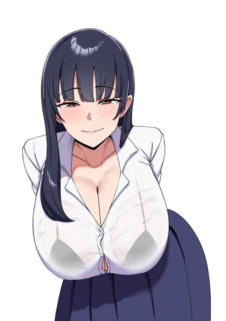 boku_no_kokoro_no_yabai_yatsu breasts cleavage large_breasts long_hair looking_at_viewer mole mole_on_neck non-web_source smile swimsuit wet wet_clothes white_background wozzu yamada_anna