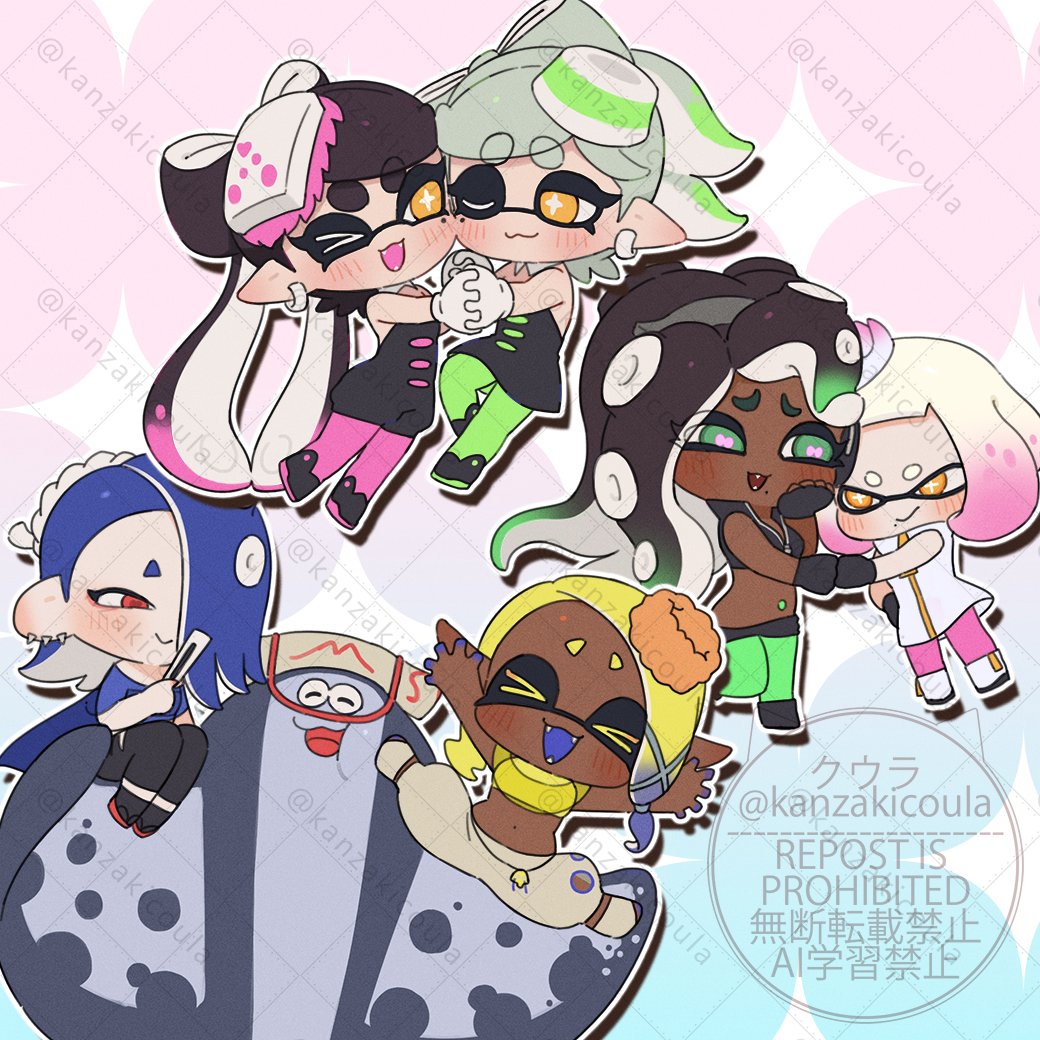 &gt;_&lt; 1boy 6+girls :&gt; :3 :d :t ;) arms_up asymmetrical_sidelocks bare_shoulders big_man_(splatoon) black_boots black_gloves black_hair black_jacket black_leggings black_socks black_unitard blonde_hair blue_hair blue_nails blue_shawl blush boots bow-shaped_hair callie_(splatoon) callie_(squid_sisters_outfit)_(splatoon) cephalopod_eyes chibi chibi_only commentary_request coula_cat cropped_jacket crown dark-skinned_female dark_skin detached_collar dress drop_shadow earrings eyebrows_hidden_by_hair fangs fist_bump food-themed_hair_ornament frye_(deep_cut_outfit)_(splatoon) frye_(splatoon) gloves gradient_hair green_eyes green_hair green_pantyhose hair_ornament hair_over_one_eye hand_fan hand_on_own_cheek hand_on_own_face hand_on_own_hip harem_pants heads_together high_collar holding holding_fan holding_hands jacket jewelry jumping leather leather_jacket leggings long_hair low-tied_sidelocks manta_ray marie_(splatoon) marie_(squid_sisters_outfit)_(splatoon) marina_(off_the_hook_outfit)_(splatoon) marina_(splatoon) medium_hair miniskirt mole mole_under_eye mole_under_mouth multicolored_hair multiple_earrings multiple_girls narrowed_eyes navel navel_piercing nintendo object_on_head off-shoulder_shirt off_shoulder one_eye_closed open_mouth outline outstretched_arms pants pantyhose pantyhose_under_shorts parted_bangs partially_open_jacket pearl_(off_the_hook_outfit)_(splatoon) pearl_(splatoon) piercing pink_hair pink_pantyhose pointy_ears red_eyes sarashi see-through_clothes see-through_shawl shawl shirt shiver_(deep_cut_outfit)_(splatoon) shiver_(splatoon) short_hair short_jumpsuit short_shorts shorts siblings sidelocks sisters sitting sitting_on_person skirt sleeveless sleeveless_dress sleeveless_jacket smile socks sparkle splatoon_(series) spread_arms star-shaped_pupils star_(symbol) strapless strapless_dress strapless_jumpsuit suction_cups swept_bangs symbol-shaped_pupils tank_top tassel tentacle_hair thick_eyebrows tilted_headwear tooth_earrings torn_clothes torn_leggings twitter_username two-tone_hair very_long_hair watermark watermark_grid white_boots white_crown white_dress white_gloves white_hair white_outline x_hair_ornament xd yellow_eyes yellow_shawl yellow_tank_top zipper zipper_pull_tab