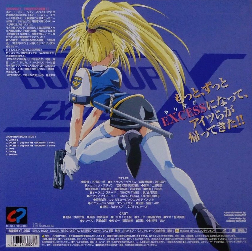 1990s_(style) 1girl blue_thighhighs burn-up burn-up_excess kinezono_rio laserdisc_cover official_art pencil_skirt police police_uniform ponytail retro_artstyle scan skirt solo thighhighs yamashita_toshinari