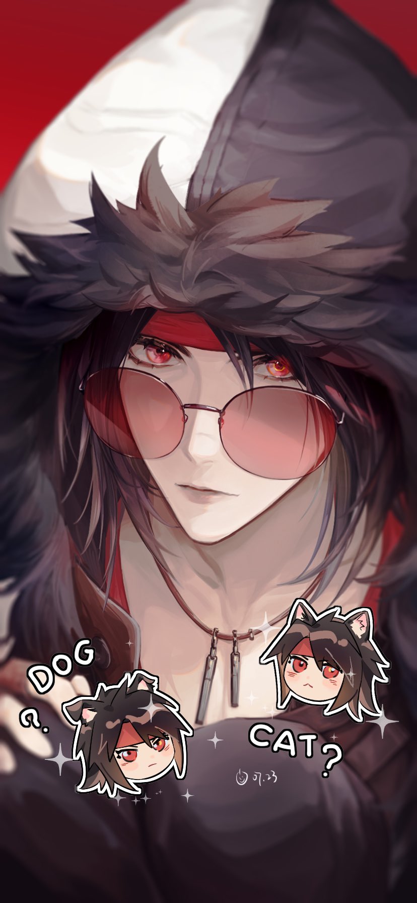 1boy animal_ears black_hair cat_ears chibi chibi_inset close-up closed_mouth collarbone commentary_request dog_ears final_fantasy final_fantasy_vii final_fantasy_vii_ever_crisis fur-trimmed_hoodie fur-trimmed_jacket fur_trim hair_between_eyes headband highres hood hoodie jacket jewelry lily_(shio1006) long_hair looking_at_viewer male_focus multiple_views necklace official_alternate_costume red-tinted_eyewear red_eyes red_headband red_shirt shirt sparkle sunglasses tinted_eyewear upper_body v-neck vincent_valentine vincent_valentine_(stray_dog)