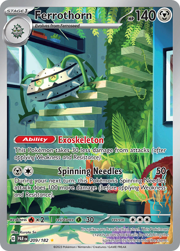 artist_name book card_(medium) character_name closed_eyes company_name copyright_name copyright_notice english_text ferroseed ferrothorn gen_5_pokemon indoors leaf nintendo no_humans official_art picture_frame plant pokemon pokemon_(creature) pokemon_card pokemon_focus pokemon_tcg potted_plant shelf so_kurata solo spikes stairs third-party_source trading_card
