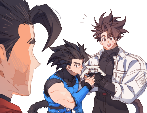 1other 3boys animal armor black_eyes black_gloves black_hair black_pants black_shirt blue_armor bracer brothers brown_eyes brown_hair capsule_corp cat commentary_request covered_pectorals dragon_ball dragon_ball_legends dragon_ball_xenoverse facial_scar fingerless_gloves giblet_(dragon_ball) gloves holding holding_animal holding_cat hyong311 jacket korean_commentary male_focus mirai_senshi monkey_boy monkey_tail multiple_boys muscular muscular_male notice_lines open_mouth pants pectorals reta_(hyong311) saiyan saiyan_armor scar scar_on_cheek scar_on_face scratches shallot_(dragon_ball) shirt siblings single_bang smile spiked_hair tail twins white_background white_jacket