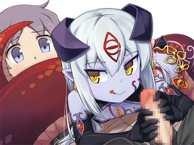 1boy 1girl aged_down alipheese_fateburn_xvi black_gloves blue_eyes blue_skin blush censored coiled colored_skin elbow_gloves eye_tattoo femdom flower game_cg gloved_handjob gloves hair_between_eyes hair_flower hair_ornament handjob hetero horns jewelry jingai_modoki kodomo_doushi lamia licking_lips loli lolidom long_hair looking_at_another looking_to_the_side luka_(mon-musu_quest!) mon-musu_quest! mon-musu_quest:_paradox monster_girl mosaic_censoring penis pointy_ears purple_hair restrained sexually_suggestive simple_background slit_pupils smile snake_bondage snake_tail tail tattoo tongue tongue_out torotoro_resistance transparent_background white_hair yellow_eyes