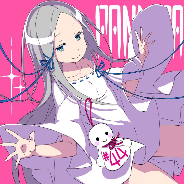 1girl blue_eyes blue_ribbon collarbone colored_eyelashes commentary_request dress forehead grey_hair hair_ribbon long_hair looking_at_viewer naked_poncho off_shoulder official_art ootsuka_shin&#039;ichirou pandora_(re:zero) parted_bangs pink_background re:zero_kara_hajimeru_isekai_seikatsu ribbon ribbon-trimmed_clothes ribbon-trimmed_dress ribbon-trimmed_shirt ribbon_trim shirt simple_background smile solo very_long_hair white_dress