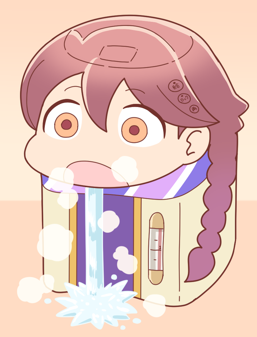 1girl apocalypse_hotel brown_hair commentary_request objectification open_mouth orange_background orange_eyes shirosato solo water water_boiler yachiyo_(apocalypse_hotel)
