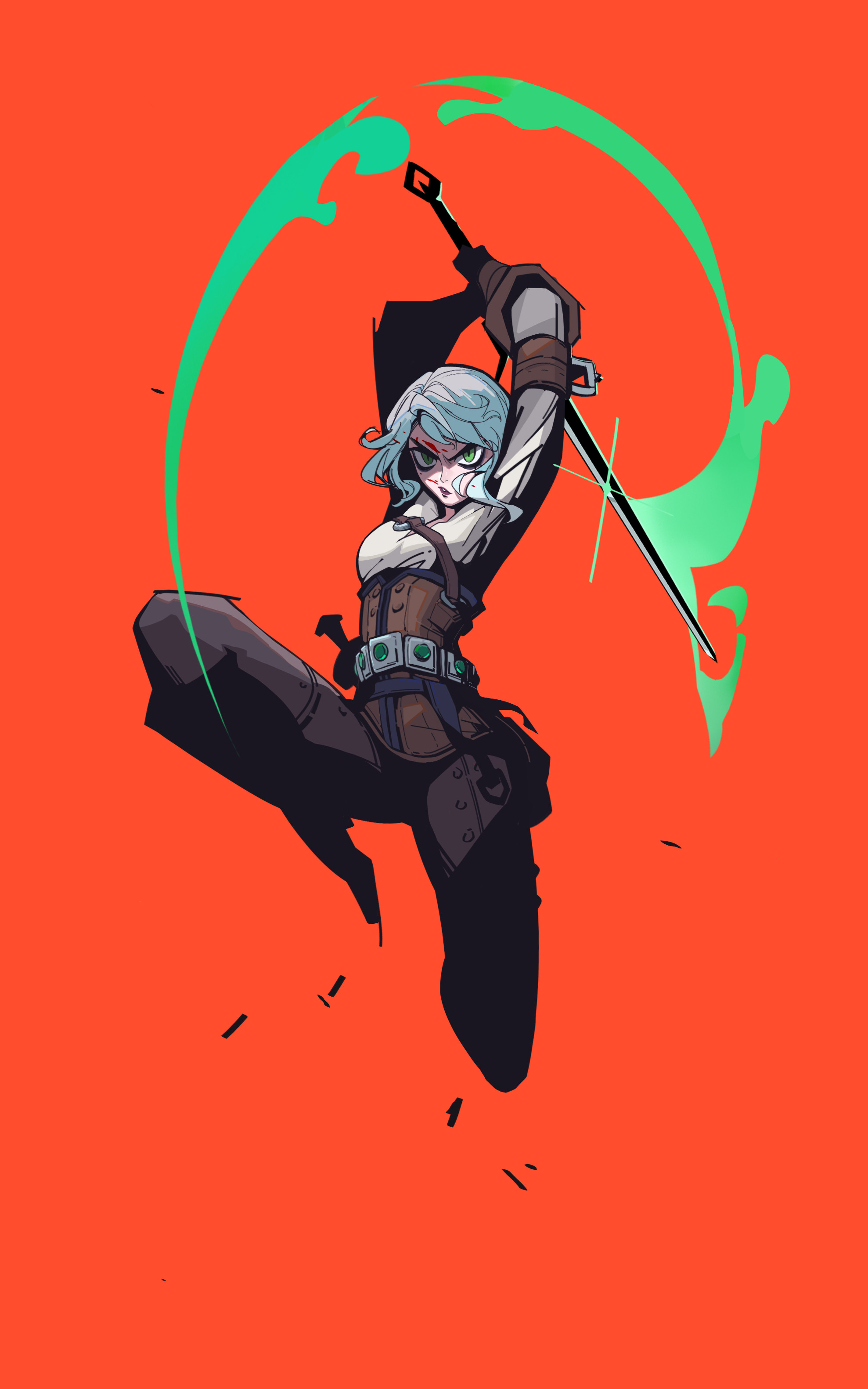 1girl absurdres arms_up black_boots black_pants blood blood_on_face boots brown_corset brown_gloves ciri corset cyancrow gloves green_eyes highres holding holding_sword holding_weapon looking_at_viewer orange_background pants shirt simple_background solo sword the_witcher_(series) the_witcher_3 weapon white_hair white_shirt