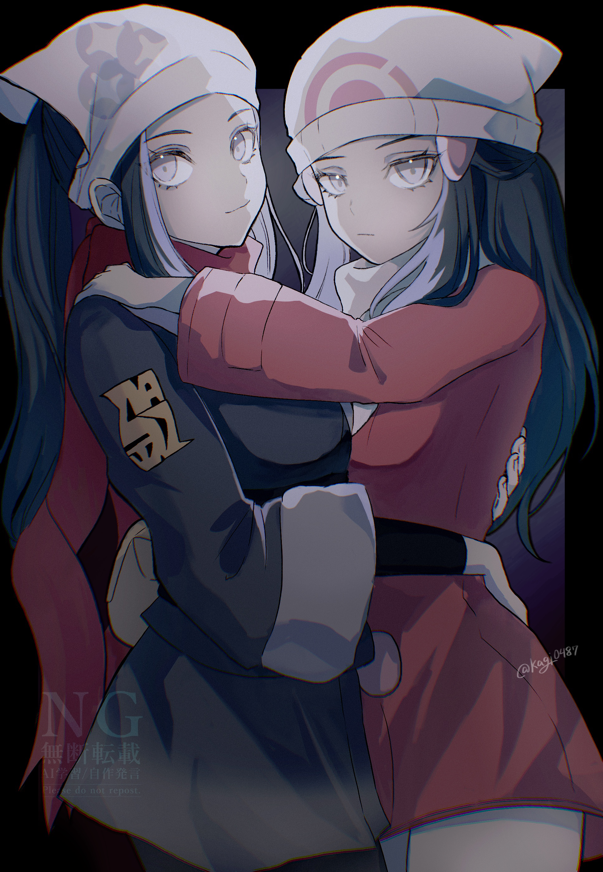 2girls absurdres akari_(pokemon) beanie black_hair black_sash blue_eyes blue_hair closed_mouth coat creatures_(company) dawn_(pokemon) eyelashes galaxy_expedition_team_survey_corps_uniform game_freak grey_eyes hair_ornament hairclip hat headscarf highres holding jacket kagi0487_(weiss_9610) long_hair looking_at_viewer multiple_girls nintendo pantyhose pokemon pokemon_dppt pokemon_legends:_arceus pokemon_platinum ponytail red_coat red_scarf sash scarf sidelocks white_hat white_headscarf