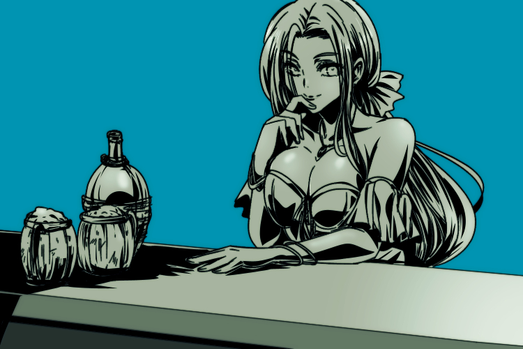 1girl alcohol aqua_background bare_shoulders bodice bottle bow bracelet breasts breasts_squeezed_together cleavage commentary_request counter cup dragon_quest dragon_quest_iii dragon_quest_x greyscale_with_colored_background hair_bow hand_on_own_chin jewelry large_breasts looking_at_viewer looking_to_the_side low_ponytail necklace ozogori_(user_tzaz2447) parted_hair ponytail ruida solo upper_body