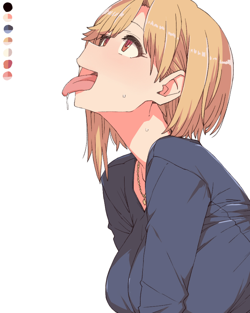 1girl aiba_yumi black_shirt blonde_hair breasts color_guide drooling eyelashes forehead from_side idolmaster idolmaster_cinderella_girls idolmaster_cinderella_girls_starlight_stage jewelry large_breasts long_sleeves looking_up necklace parted_bangs red_eyes shirt short_hair simple_background single_sidelock solo sweat tongue tongue_out toriga_naku upper_body white_background