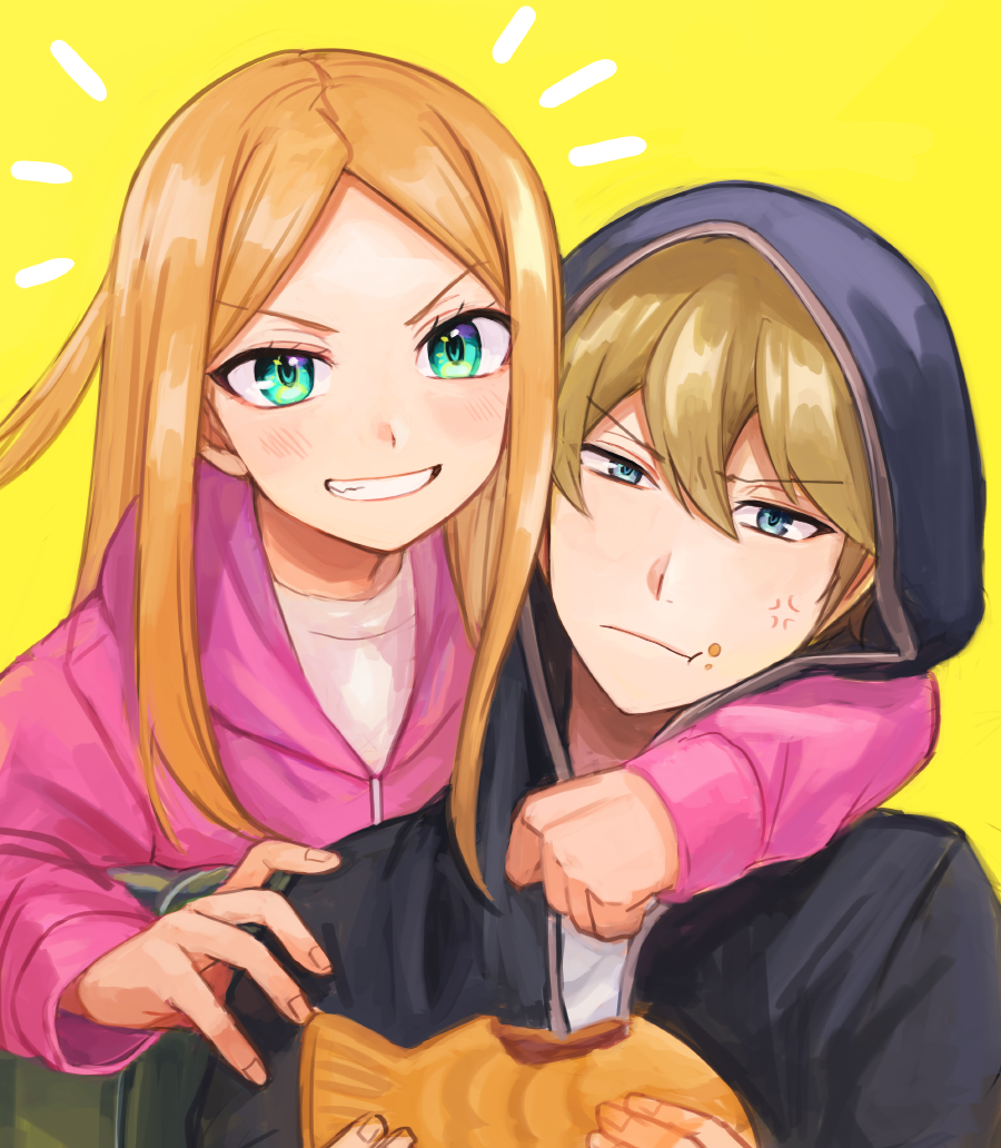 1boy 1girl :t arm_around_neck black_jacket blue_eyes casual closed_mouth eyelashes food food_on_face green_eyes grin hands_up holding holding_food hood hood_down hood_up hooded_jacket hyuse jacket konami_kirie long_hair long_sleeves looking_at_viewer parted_bangs pink_jacket short_hair simple_background smile sonoda_(mzm) taiyaki upper_body wagashi world_trigger yellow_background