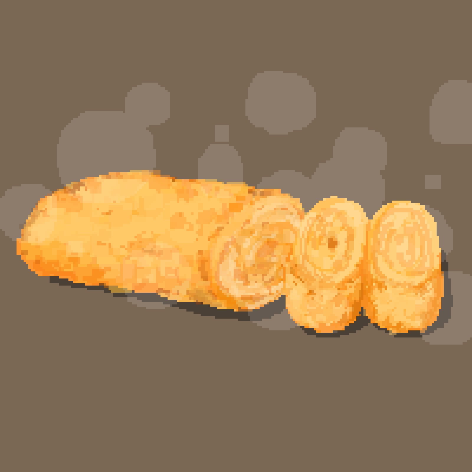 bread cream food food_focus highres hisachan55cute no_humans original pixel_art scenery simple_background steaming_food yellow_background