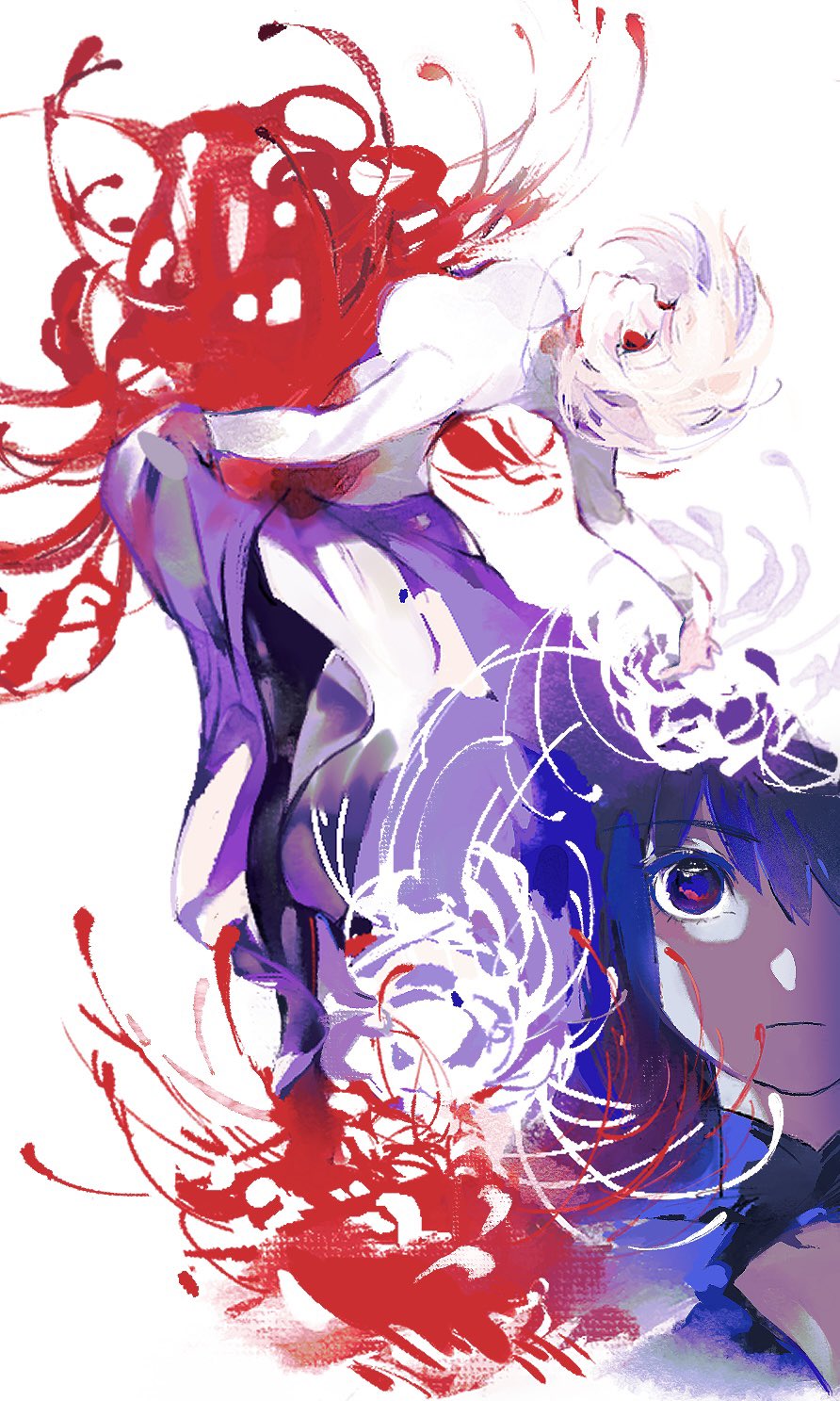 2girls arcueid_brunestud blonde_hair blue_eyes blue_hair breasts ciel_(tsukihime) dress flower full_body highres large_breasts long_dress long_sleeves looking_at_viewer melty_blood multiple_girls numuhe powered_ciel purple_dress red_arcueid red_eyes shirt short_hair spider_lily tsukihime white_shirt