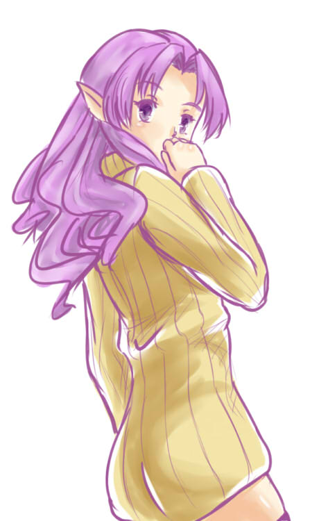 1girl blazing_souls bridget_(blazing_souls) drawfag dress female_focus long_hair pointy_ears purple_eyes purple_hair ribbed_sweater solo spectral_(series) sweater sweater_dress thighhighs turtleneck