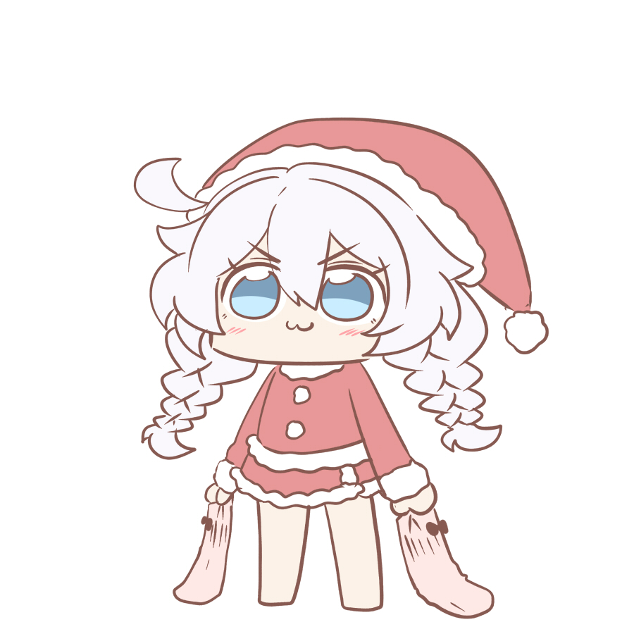 1girl :3 barefoot blue_eyes blush braid brown_socks chibi full_body fur-trimmed_headwear fur-trimmed_shirt fur-trimmed_skirt fur-trimmed_sleeves fur_trim grey_hair hair_between_eyes hat holding_sock honkai_(series) honkai_impact_3rd kiana_kaslana long_sleeves low_twintails nabeiro_kin red_hat red_shirt red_skirt santa_costume santa_hat shirt simple_background skirt socks solo standing twin_braids twintails unworn_socks v-shaped_eyebrows white_background