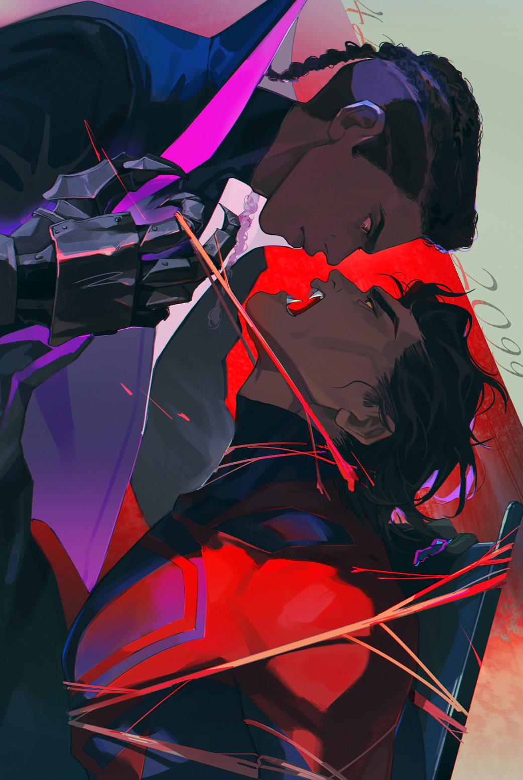 2boys clawed_gauntlets claws copyright_request costume dark-skinned_male dark_skin dreadlocks fighting_stance highres male_focus marvel miguel_o&#039;hara miles_g._morales miles_morales multiple_boys prowler_(marvel) royan spider-man:_across_the_spider-verse spider-man_(series) spider-verse superhero_costume