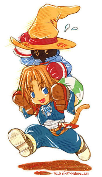2boys @_@ adjusting_clothes adjusting_headwear arm_up artist_name ascot bad_id black_skin blue_coat blue_eyes blue_pants blue_ribbon blue_vest boots brick_floor brown_footwear brown_gloves brown_hat carrying chibi coat colored_skin commentary_request cropped_vest dagger final_fantasy final_fantasy_ix flying_sweatdrops full_body gloves green_pants happy hat izumi_natsuka knife looking_at_viewer male_focus monkey_tail motion_lines multiple_boys neck_ribbon open_mouth pants puffy_pants red_gloves ribbon running scabbard shadow sheath shoulder_carry sleeve_cuffs smile speed_lines striped_clothes striped_pants tail vertical-striped_clothes vertical-striped_pants vest vivi_ornitier weapon white_ascot witch_hat zidane_tribal