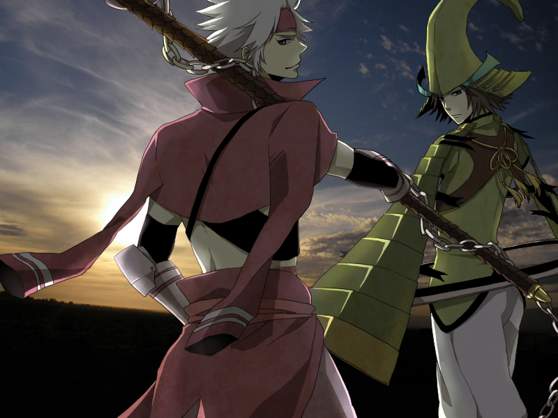2boys anchor armor blue_eyes brown_eyes brown_hair chakram chousokabe_motochika_(sengoku_basara) cropped_jacket from_behind green_shirt helmet holding holding_anchor holding_weapon iroha_(hoptempo) jacket jacket_on_shoulders japanese_armor kabuto_(helmet) light_frown male_focus mouri_motonari_(sengoku_basara) multiple_boys no_shirt pants photo_background pink_jacket pink_pants sengoku_basara shirt short_hair smile weapon white_hair white_pants