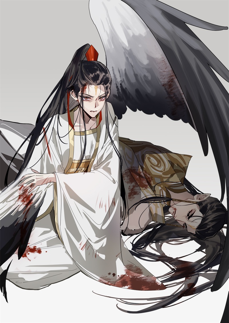 1boy 1girl black_hair black_wings blood blood_on_clothes blood_on_face blood_on_hands chinese_clothes chinese_commentary dress feathered_wings hanfu hetong_(nezha_zhi_motong_jiangshi) high_ponytail injury long_hair lutong_(nezha_zhi_motong_jiangshi) lying male_focus nezha_zhi_motong_jiangshi pinocchiox ponytail very_long_hair white_dress white_hanfu wide_sleeves wings xiao_guan_(headdress)