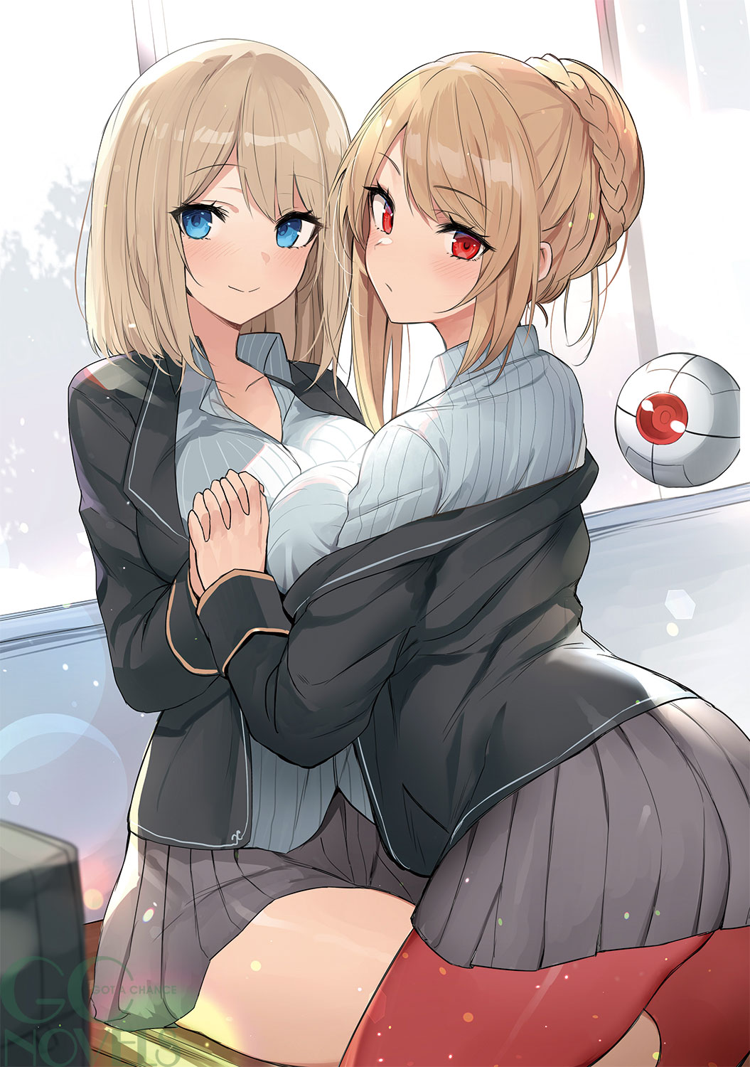 2girls angelica_rapha_redgrave blonde_hair blue_eyes bob_cut breast_press breasts bun_with_braided_base copyright_logo cover cover_page dress_shirt dutch_angle highres holding_hands interlocked_fingers jacket large_breasts light_blush looking_at_viewer looking_back luse_maonang luxion_(mobseka) multiple_girls novel_cover official_art olivia_(mobseka) open_clothes open_jacket otome_game_sekai_wa_mob_ni_kibishii_sekai_desu pantyhose pleated_skirt red_eyes robot second-party_source shirt sitting skirt sleeve_cuffs smile standing window