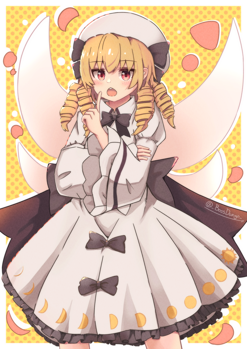 black_bow blonde_hair blush boss9331 bow crossed_arms dress drill_hair hat highres luna_child open_mouth quad_drills red_eyes signature touhou wings yellow_background