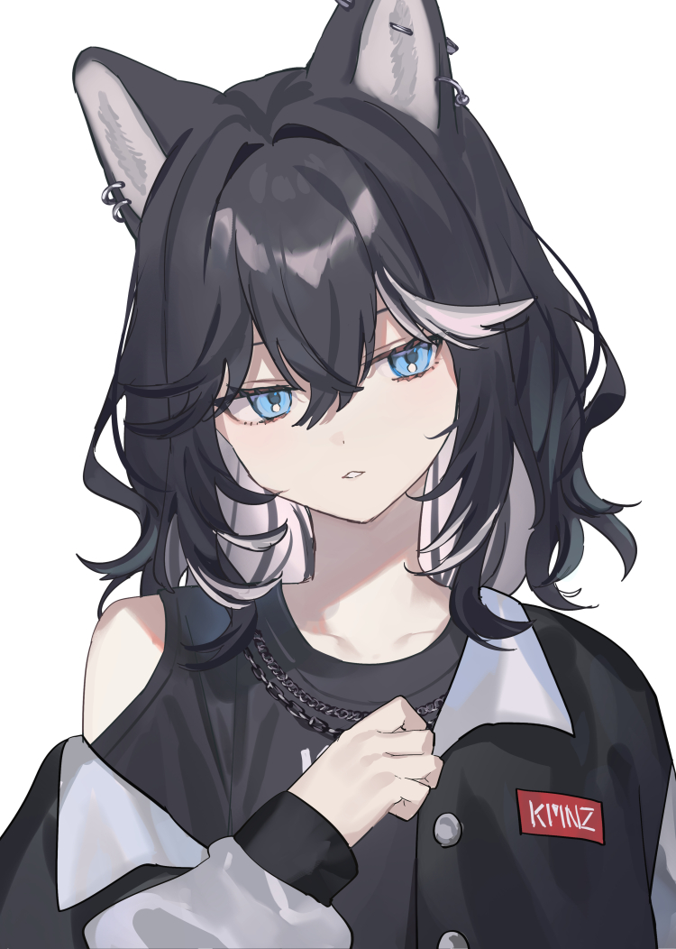 1girl animal_ears black_jacket black_shirt blue_eyes chain chain_necklace colored_inner_hair dog_ears dog_girl earrings hair_between_eyes jacket jewelry kmnz letterman_jacket looking_at_viewer medium_hair multicolored_hair necklace nero_(kmnz) off_shoulder shirt shugao simple_background solo two-tone_hair virtual_youtuber white_background