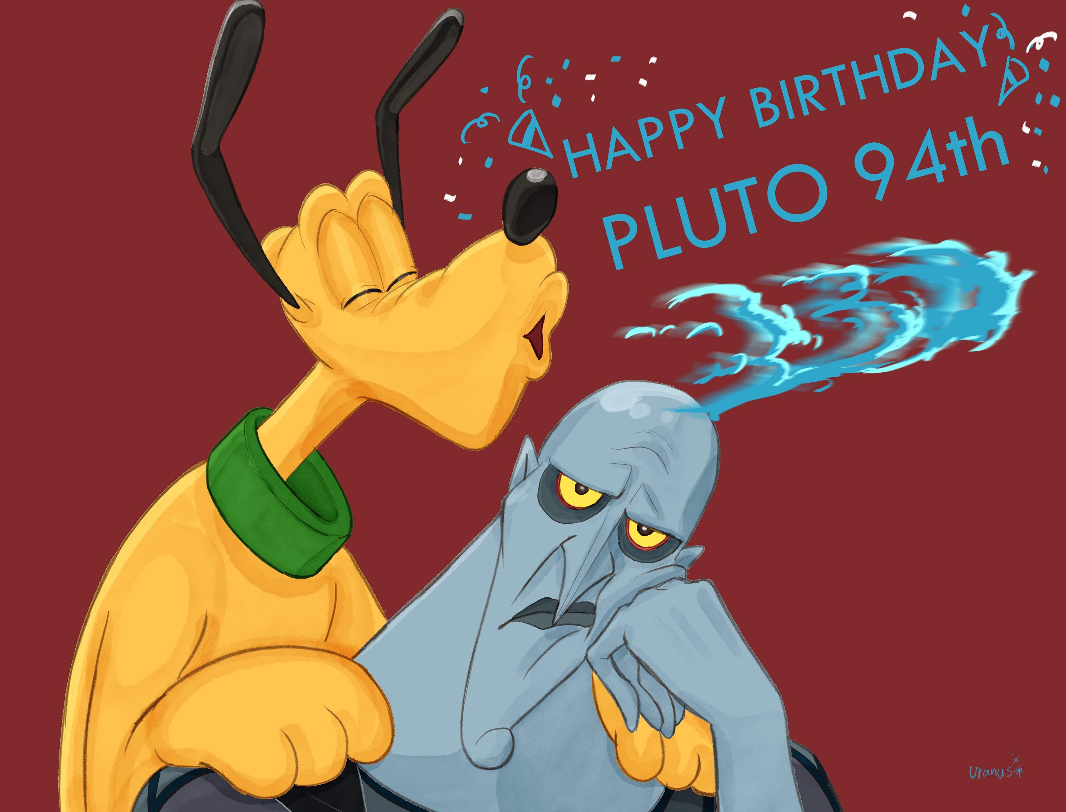 2boys absurdres blowing blue_eyes blue_hair colored_skin d74335631 disney dog fiery_hair fire hades_(disney) hercules_(1997_film) highres long_hair looking_at_viewer multiple_boys pluto_(disney) short_hair smile tagme teeth