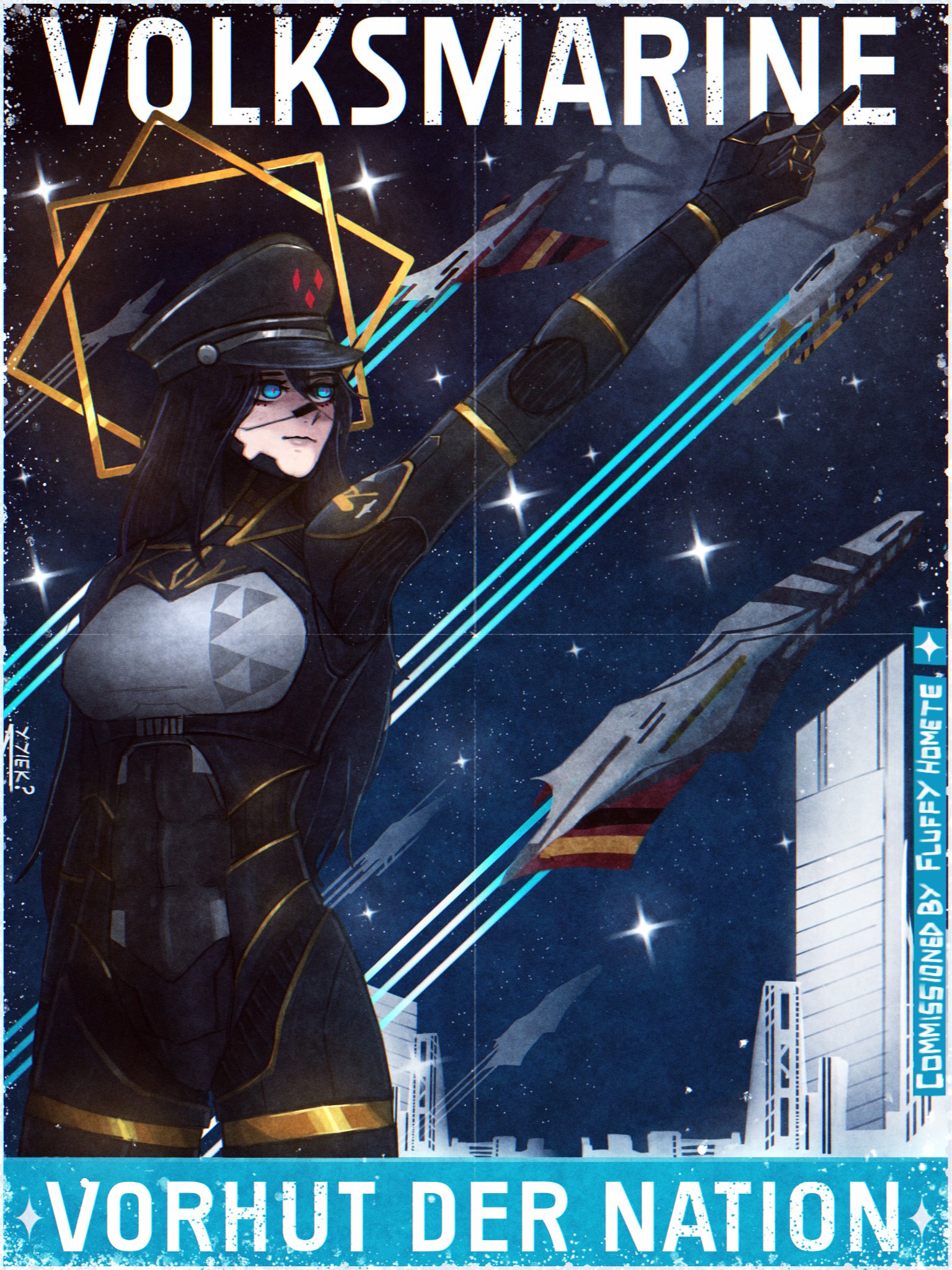 1girl android black_hair black_hat black_skin blue_eyes breasts colored_skin commentary commission english_commentary falke_(signalis) german_text hat highres large_breasts light_trail long_hair peaked_cap pointing pointing_forward pointing_up propaganda signalis solo_focus spacecraft triangle_print yyiek?