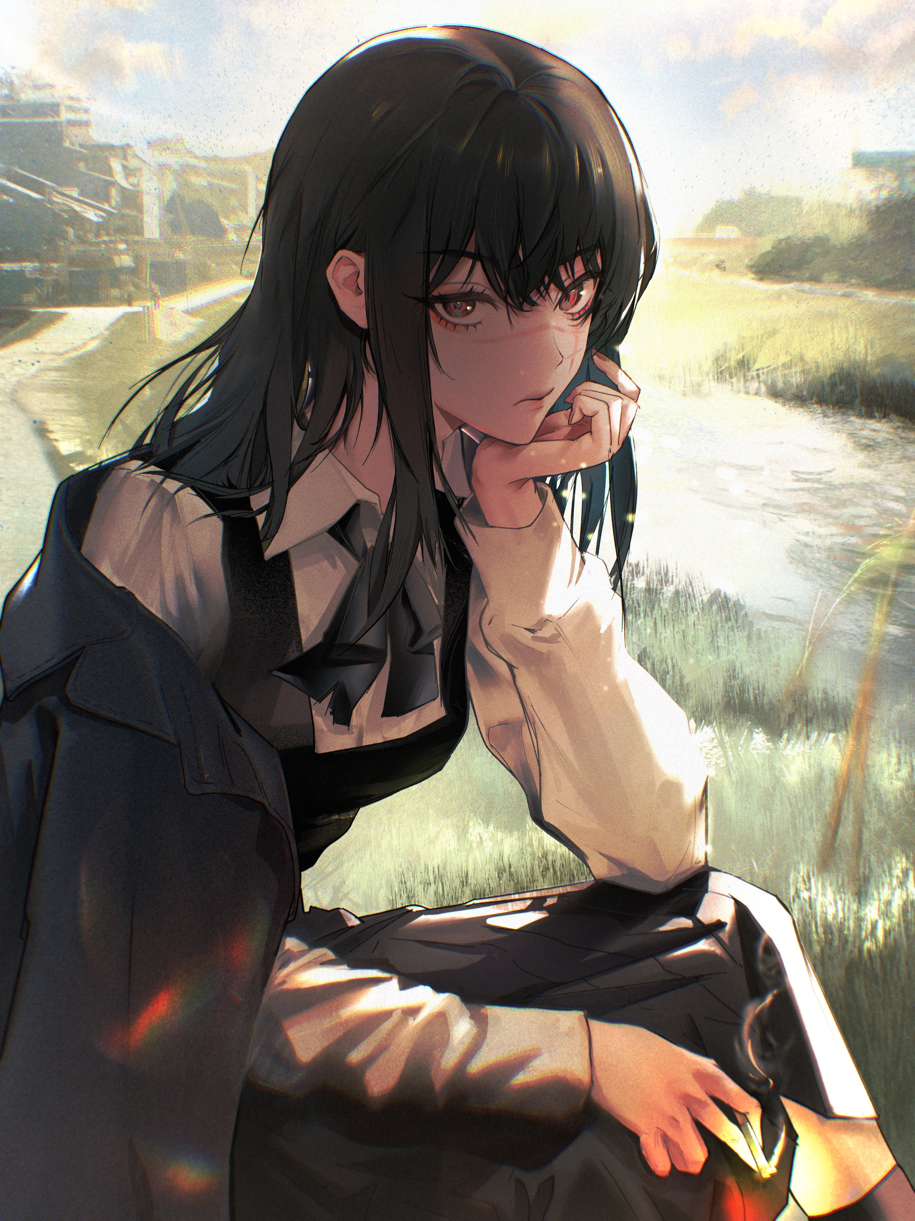 1girl absurdres black_coat black_dress black_hair brown_eyes chainsaw_man cigarette coat dress evening fourth_east_high_school_uniform hand_on_own_chin highres holding holding_cigarette ivdimension long_hair long_sleeves looking_at_viewer outdoors pinafore_dress river scar scar_on_face scar_on_nose school_uniform shirt sleeveless sleeveless_dress smoke solo water white_shirt yoru_(chainsaw_man)