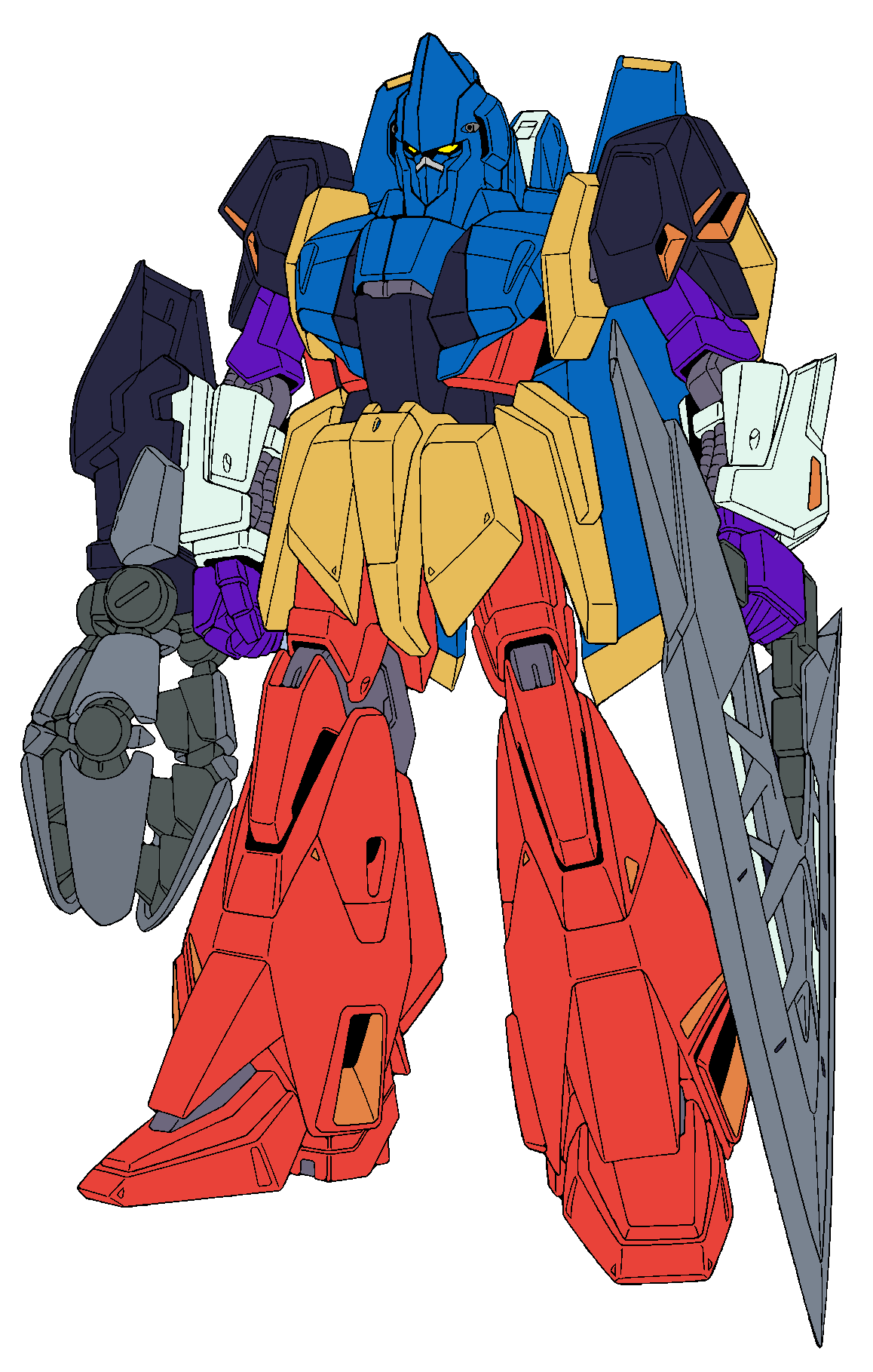 arm_blade armor blue_armor clenched_hands commentary_request full_body fusion getter_liger getter_robo getter_robo_g gundam highres mecha mecha_focus mobile_suit multicolored_armor pincers red_armor robot science_fiction shinobufujiwara solo standing weapon yellow_armor yellow_eyes zeta_gundam zeta_gundam_(mobile_suit)