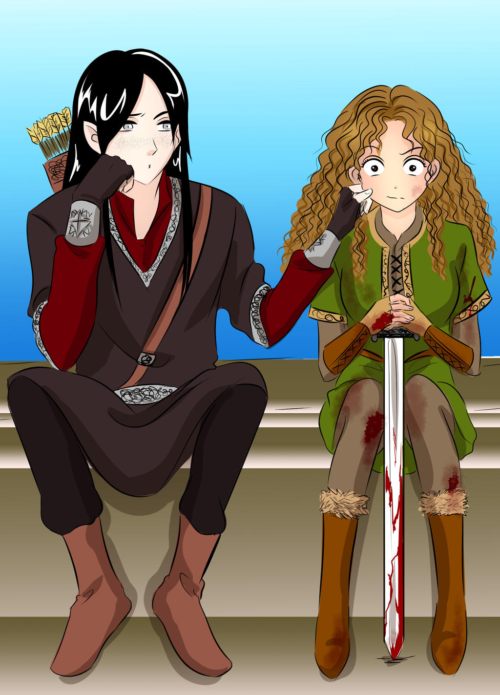 1boy 1girl arrow_(projectile) belt black_eyes black_hair black_tunic blood blood_on_clothes blood_on_hands bloody_weapon boots brown_hair caranthir cinemairon collar elf eyebrows_hidden_by_hair eyelashes fingerless_gloves full_body fur_trim gloves green_tunic grey_eyes haleth hand_on_another&#039;s_cheek hand_on_another&#039;s_face hetero highres holding holding_sword holding_weapon long_hair looking_at_another looking_at_viewer pale_skin pinching pointy_ears prince quiver sitting sword the_silmarillion tolkien&#039;s_legendarium tunic wavy_hair weapon