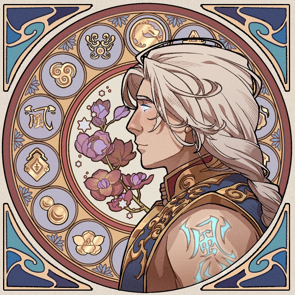 1boy art_nouveau blue_background blue_eyes blue_vest border braid braided_ponytail closed_mouth flower from_side fujin_(mortal_kombat) glowing glowing_eyes glowing_tattoo grey_hair logo long_hair looking_ahead male_focus mortal_kombat_(series) mortal_kombat_11 ornate_border portrait profile purple_flower red_flower shoulder_tattoo single_braid sleeveless sleeveless_jacket smile solo star_(symbol) tattoo upper_body vest wenny02 white_border white_hair