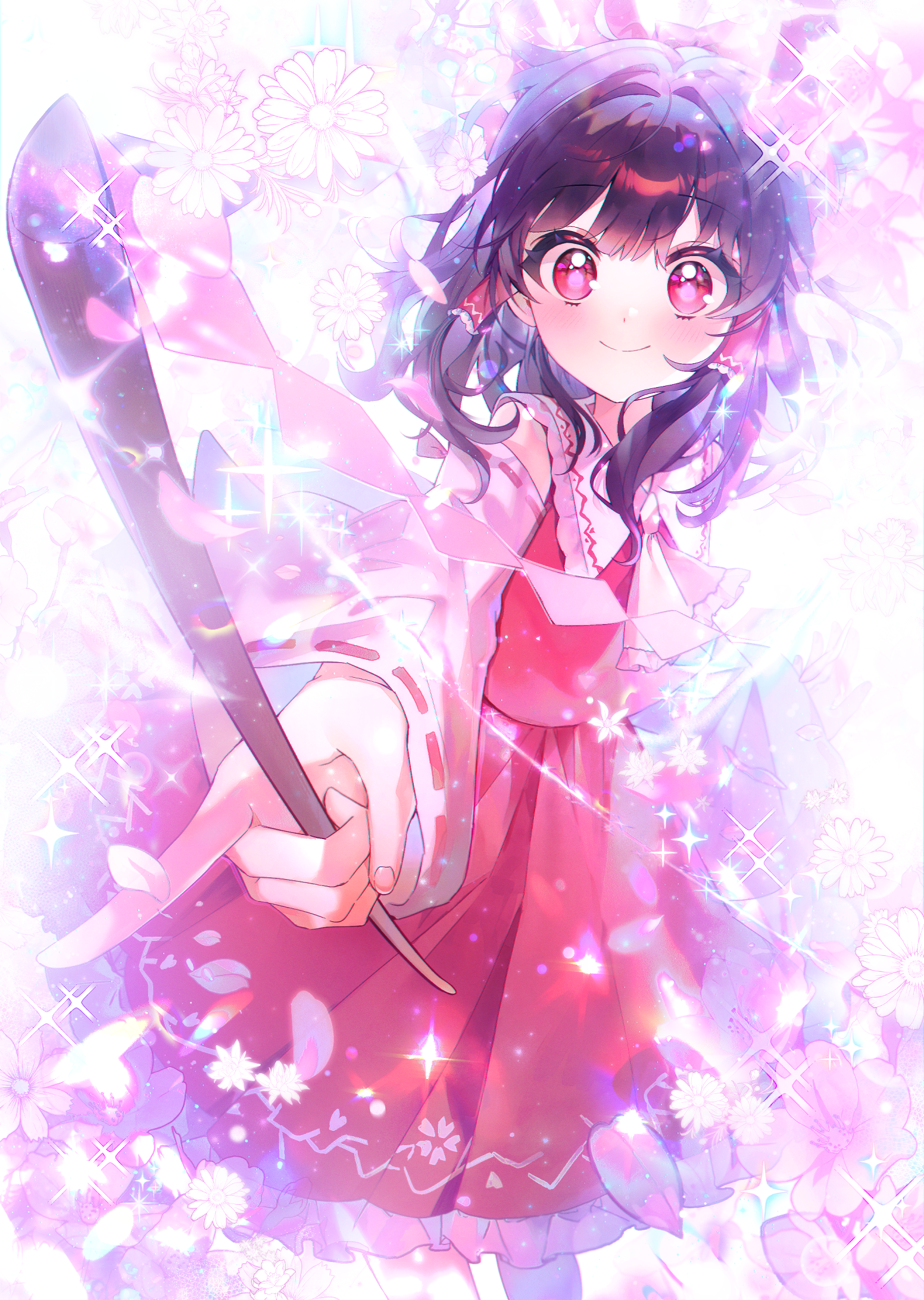 1girl ascot blush bow brown_hair closed_mouth commentary_request detached_sleeves falling_flower falling_petals flower flower_request frilled_bow frilled_hair_tubes frills gohei hair_bow hair_tubes hakurei_reimu highres holding holding_gohei it_po_(sss_cmy) korean_commentary long_hair looking_at_viewer petals pink_flower pink_petals red_bow red_eyes red_skirt ribbon-trimmed_sleeves ribbon_trim skirt skirt_set smile solo sparkle touhou