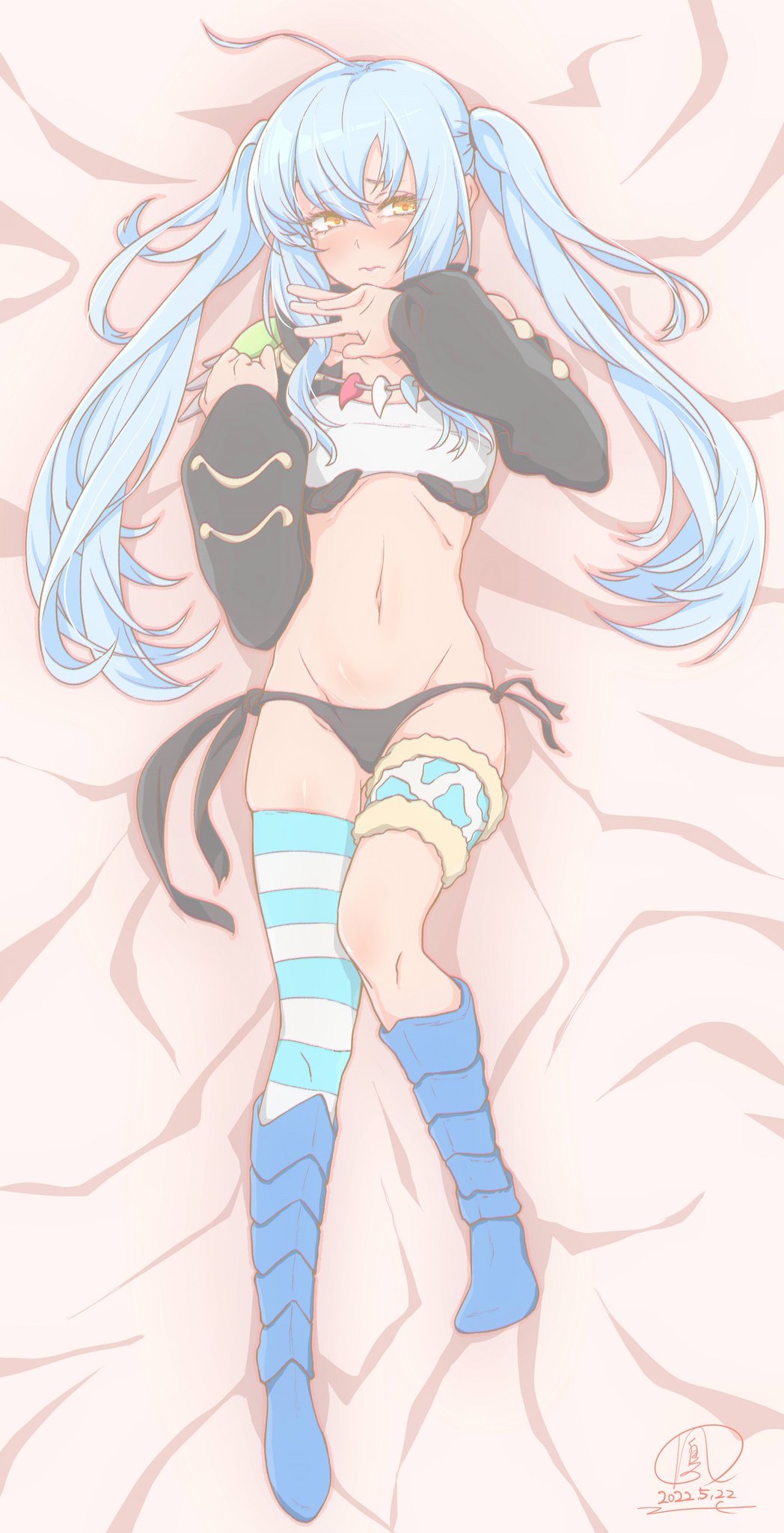 1girl bed black_panties blue_hair blue_nails blue_thighhighs blush bra cosplay highres jewelry long_hair lying milim_nava milim_nava_(cosplay) necklace ootori_karen panties rimuru_tempest stomach symbol-shaped_pupils tensei_shitara_slime_datta_ken thighhighs twintails underwear white_bra